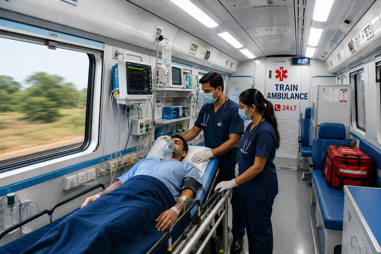 Train ambulance service for long distance patient transfer